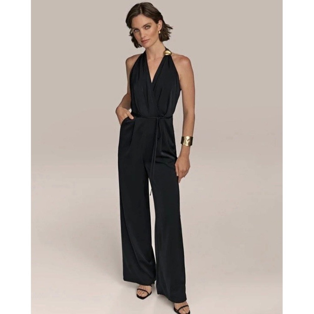 Donna Karen NY  Women's Black Halter Satin Wide-Leg Jumpsuit Belt Pockets Size 6